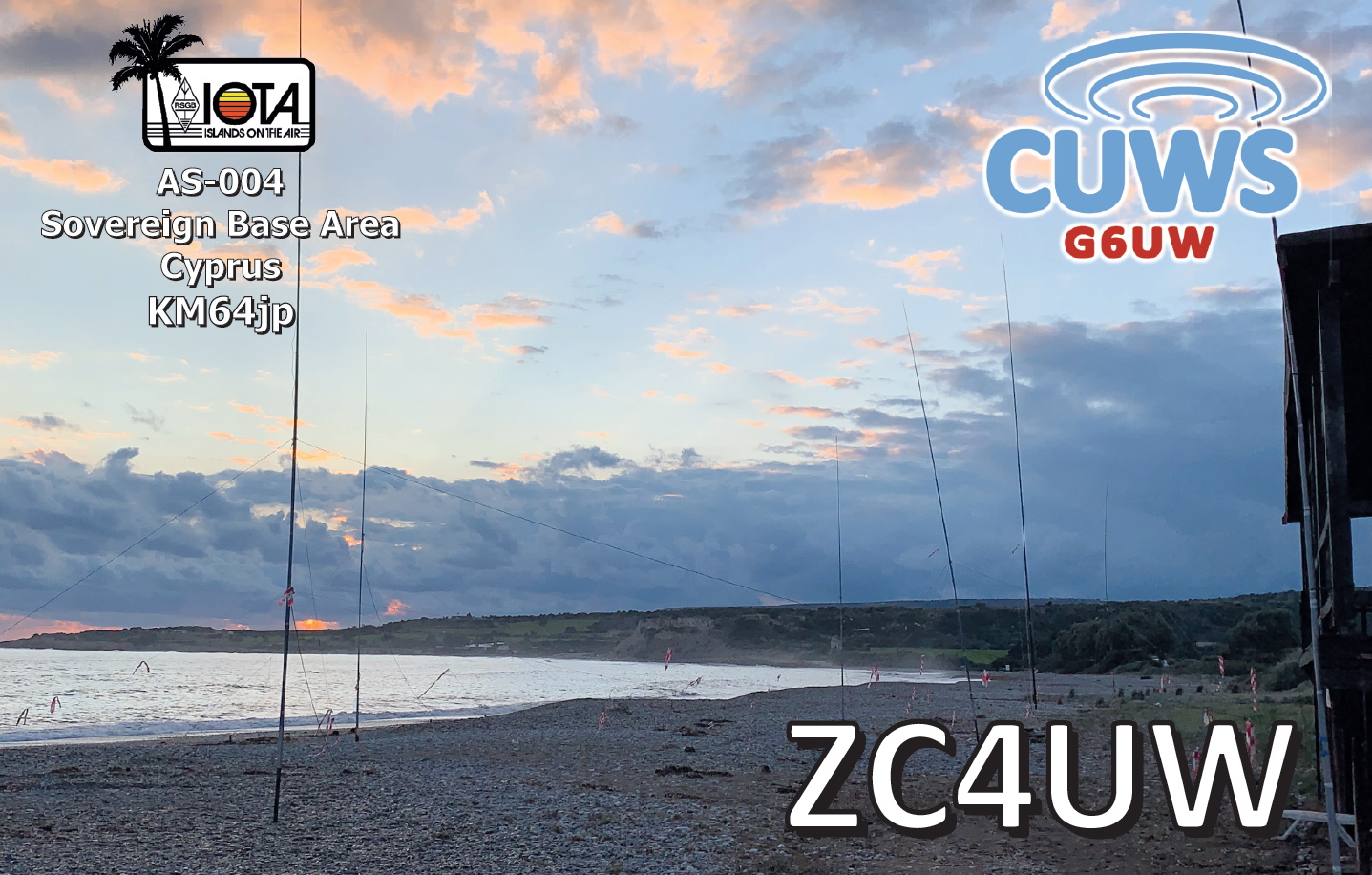 QSL showing our antennas on the beach