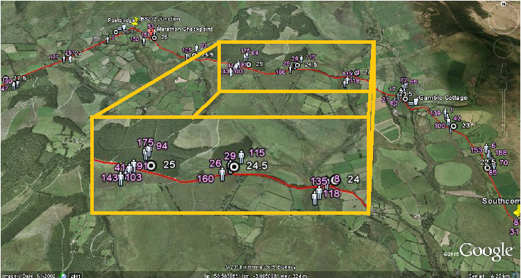 Screenshot showing calculated runner positions in Google Earth