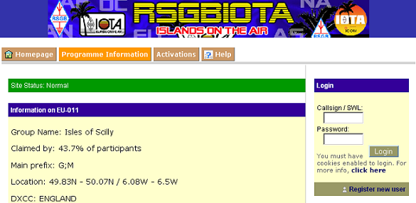 Screenshot of the RSGB IOTA website