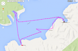 Our tour's route from Longyearbyen to Esford to Barentsberg and back to Longyearbyen. The position that suggests we were on land near Grumant is incorrect - it's the map that's wrong not the position!