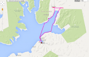 Our boat's route to Pyramiden. Again, the track that appears to be on land is because the glacier has receded, so the map is out-of-date. 