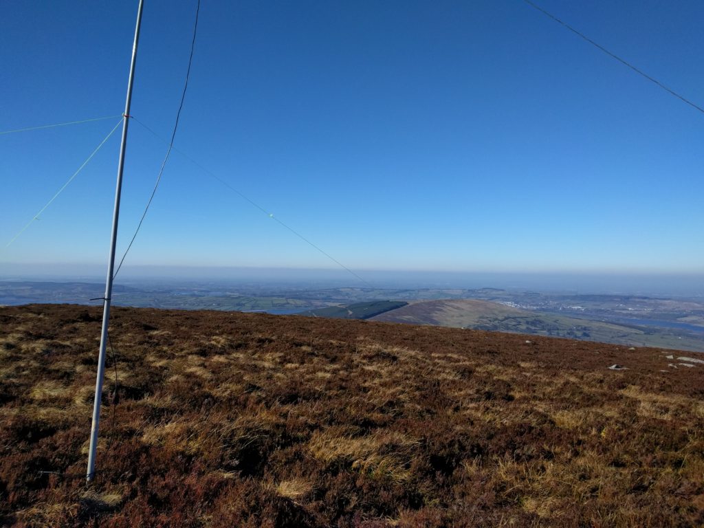 Antenna pole in forground, looking to countryside on the horizon with a blue sky