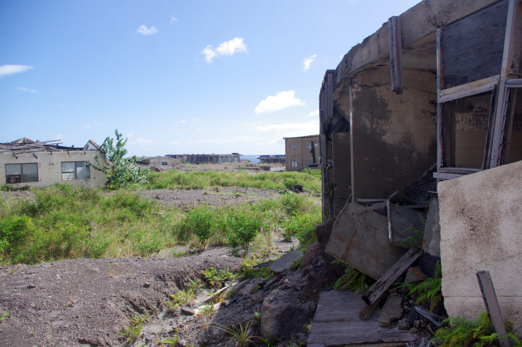 Ash and grass on the ground, with walls of a derelict building